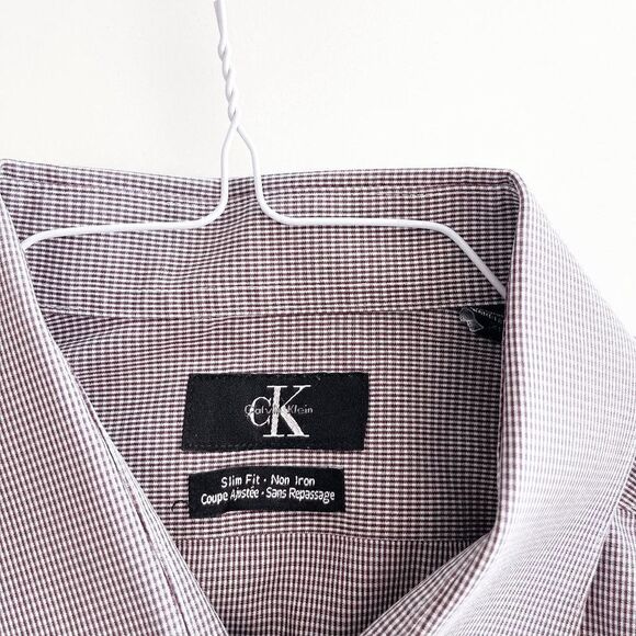 Calvin Klein Mens Slim Fit Shirt Non Iron Long Sleeve Micro Gingham Brown Size X - Picture 3 of 8
